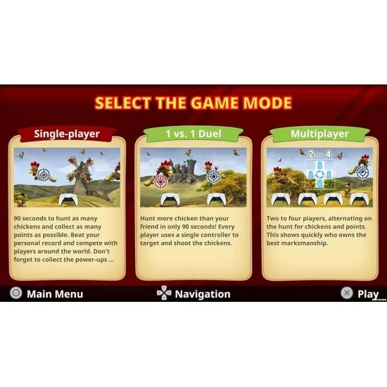 A humorous scene of cartoon chickens dressed as cowboys in a Wild West setting and flying over a Scottish moor