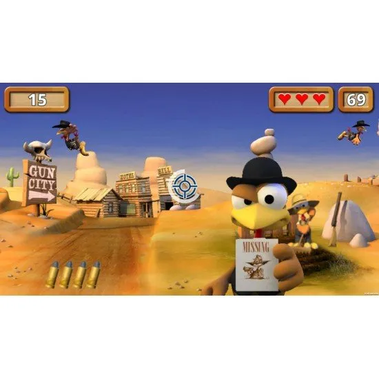 A humorous scene of cartoon chickens dressed as cowboys in a Wild West setting and flying over a Scottish moor