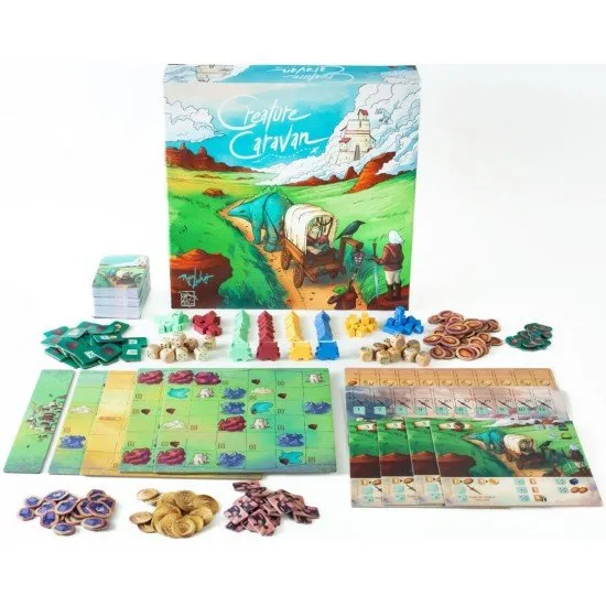 Creature Caravan board game box art featuring a colourful caravan of animals and mythical creatures traveling through a desert landscape