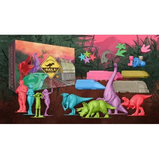 Cretaceous Rails Board Game The box art for the board game Cretaceous Rails, showing a futuristic train with tourists traveling through a prehistoric jungle filled with dinosaurs.