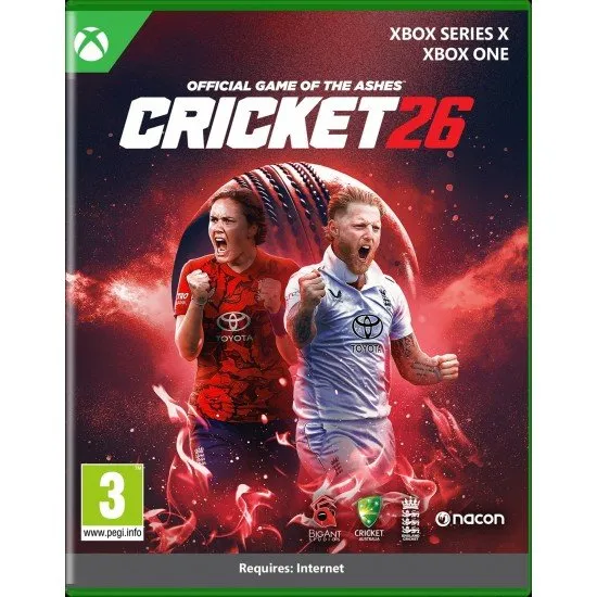 Cricket 26 Xbox Series X box art showing official Ashes branding and action from a cricket match