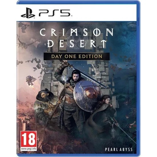 Crimson Desert PS5 game cover featuring Kliff overlooking the vast, atmospheric landscape of Pywel