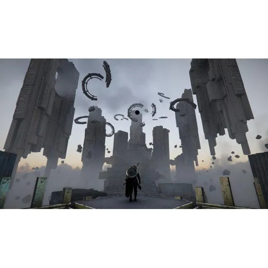 Crimson Desert PS5 game cover featuring Kliff overlooking the vast, atmospheric landscape of Pywel