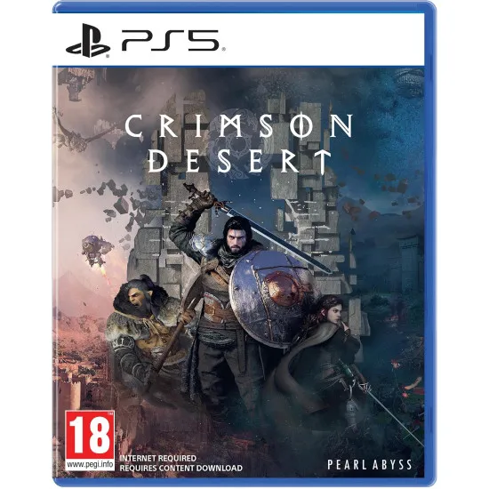 Crimson Desert PS5 game cover featuring Kliff overlooking the vast, atmospheric landscape of Pywel