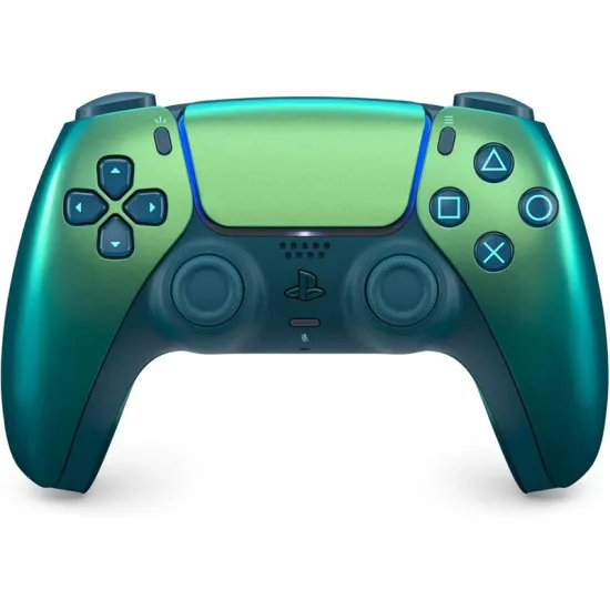 PS5 DualSense Wireless Controller Chroma Teal iridescent colour-shifting green edition front view showing shimmer effect