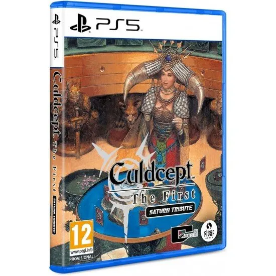 A PlayStation 5 game case showcasing classic 32-bit tactical interfaces with vibrant card illustrations of dragons, knights, and wizards overlaid on a grid map