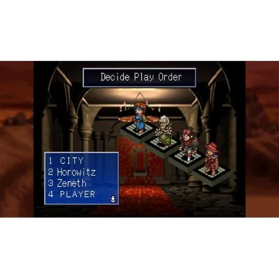 A PlayStation 5 game case showcasing classic 32-bit tactical interfaces with vibrant card illustrations of dragons, knights, and wizards overlaid on a grid map