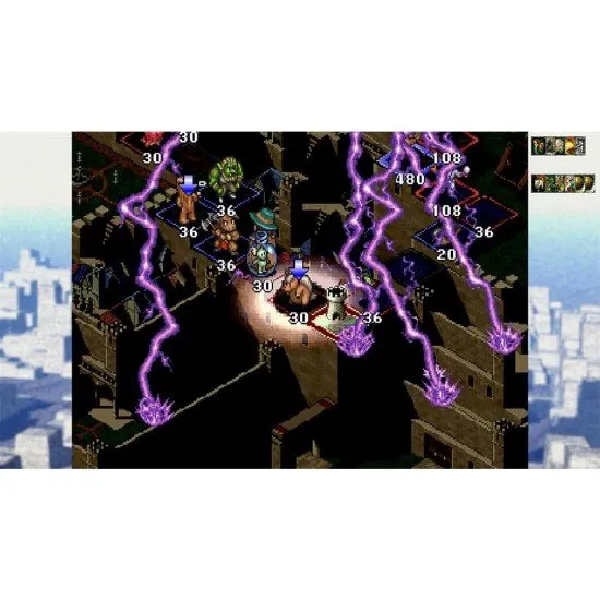 A PlayStation 5 game case showcasing classic 32-bit tactical interfaces with vibrant card illustrations of dragons, knights, and wizards overlaid on a grid map