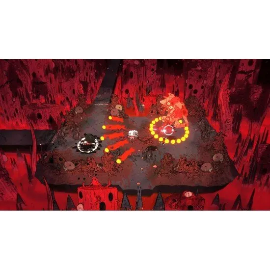 The Lamb and the Goat fighting back-to-back against a giant monster in a dark, stylized dungeon