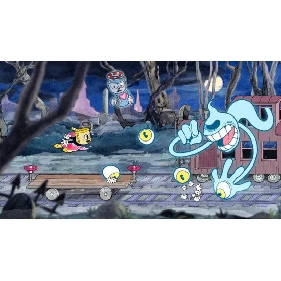 Cuphead, Mugman, and Ms. Chalice standing together in front of a giant, menacing boss in a cartoon style
