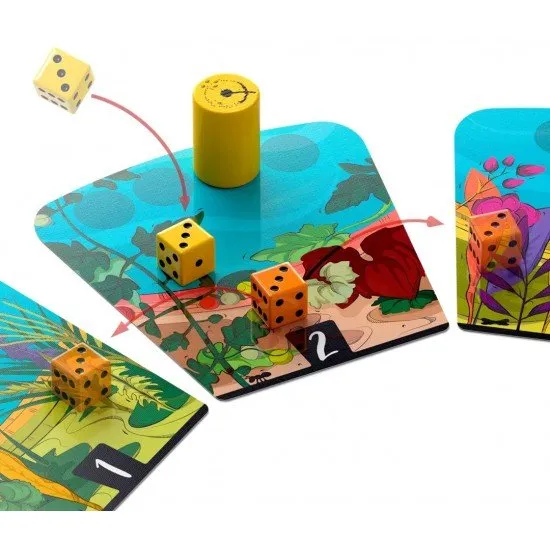 The box art for the Dandelions board game, showing dice and seeds floating over a garden landscape.