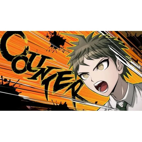 Hajime Hinata pointing during a rebuttal showdown in the Class Trial arena