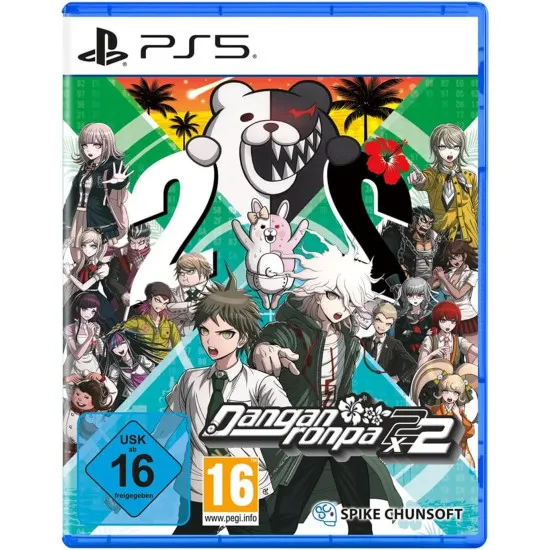 Monokuma and Monomi standing on the shores of Jabberwock Island under a digital sky