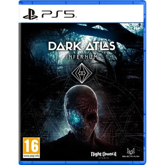 Dark Atlas: Infernum PS5 box art showing a dark, atmospheric horror scene with a mysterious figure and eerie environments