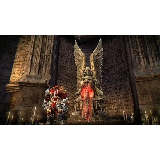 The protagonist War clad in heavy red armour wielding a massive sword atop a flaming horse