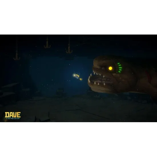 Dave the Diver swimming amongst tropical fish alongside a silhouette of Godzilla and a Dredge boat