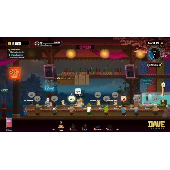 Dave the Diver swimming amongst tropical fish alongside a silhouette of Godzilla and a Dredge boat