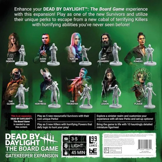 Dead by Daylight The Board Game Gatekeeper Expansion box art featuring new Survivors and a terrifying new Killer in the background