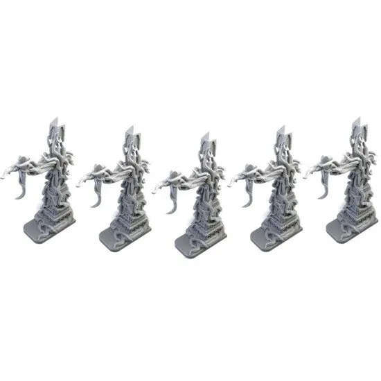 A collection of detailed generator miniatures, bloodpoint tokens, and plastic killer figurines for the Dead by Daylight board game