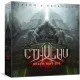 A large board game expansion box showing dramatic artwork of elder gods and investigators alongside a collection of plastic miniatures and map tiles