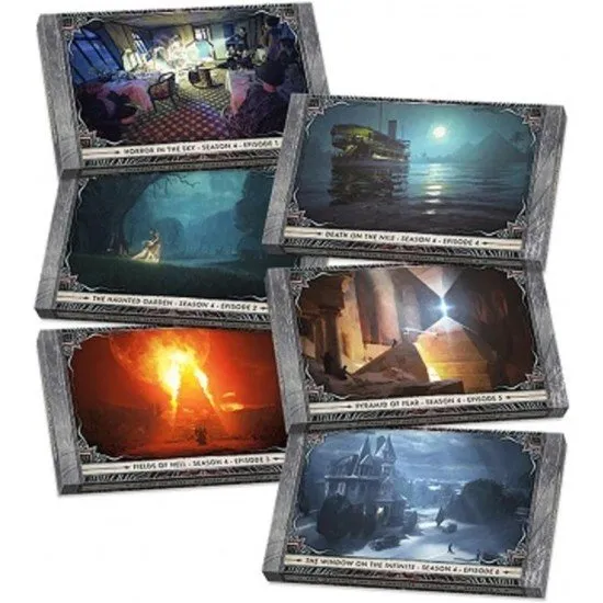 A large board game expansion box showing dramatic artwork of elder gods and investigators alongside a collection of plastic miniatures and map tiles