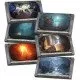 A large board game expansion box showing dramatic artwork of elder gods and investigators alongside a collection of plastic miniatures and map tiles