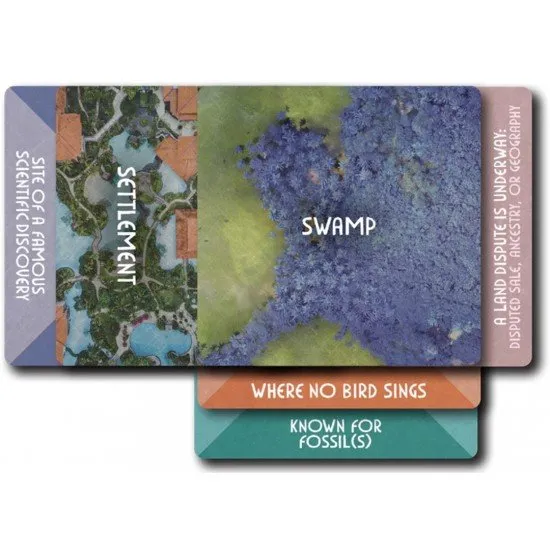 The Story Engine Deck of Worlds box and cards featuring the 6 card types arranged into a micro-setting