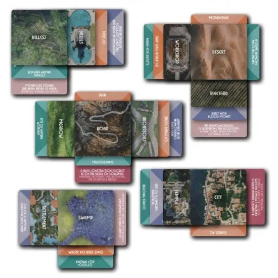 The Story Engine Deck of Worlds box and cards featuring the 6 card types arranged into a micro-setting