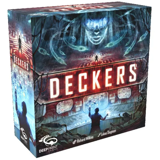 Deckers board game box featuring dystopian cyberpunk hacking artwork with SMC network and decker character design