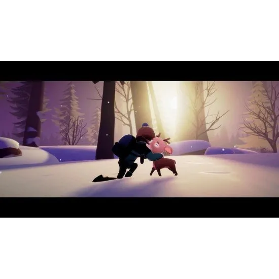 A young boy standing in a lush forest beside a growing fawn under cinematic lighting