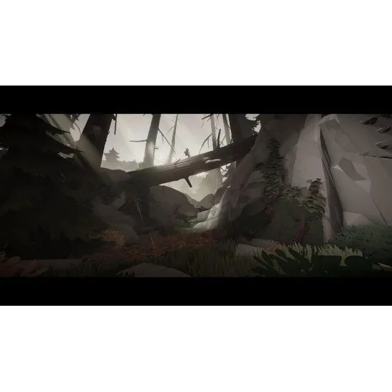 A young boy standing in a lush forest beside a growing fawn under cinematic lighting