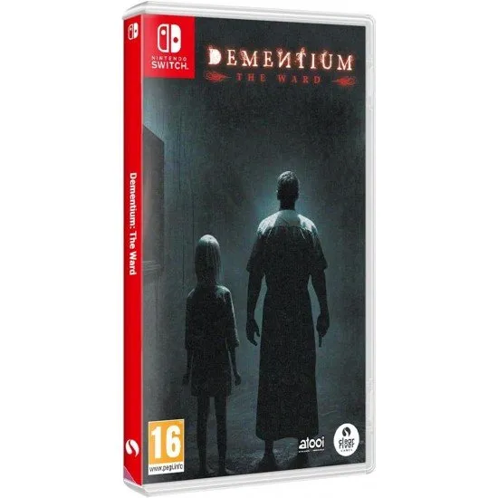A Nintendo Switch game case featuring a dark, blood-splattered derelict hospital corridor with an eerie shadow looming in the distance