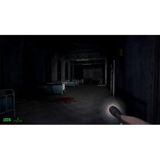 A Nintendo Switch game case featuring a dark, blood-splattered derelict hospital corridor with an eerie shadow looming in the distance