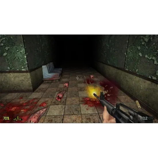 A Nintendo Switch game case featuring a dark, blood-splattered derelict hospital corridor with an eerie shadow looming in the distance