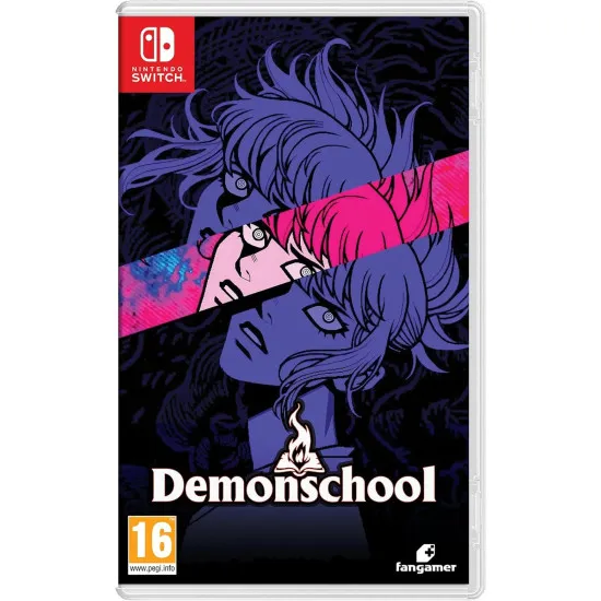 Nintendo Switch game case for Demonschool featuring Faye and her misfit university companions surrounded by demonic creatures