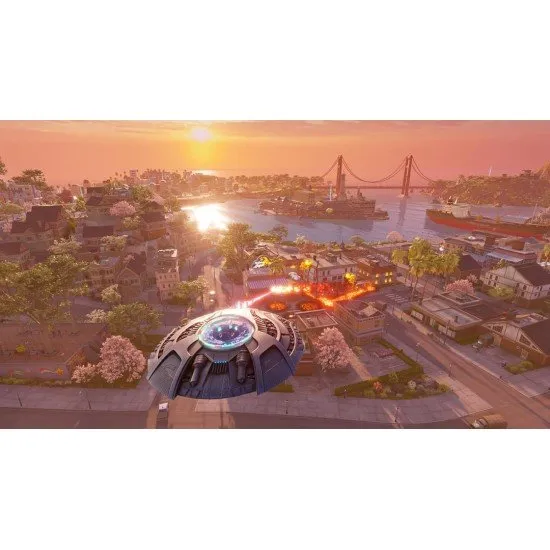 Crypto-137 standing over a panicked 1950s town while wielding a zap-o-matic and a jetpack