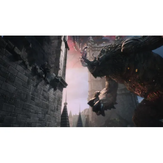 A Nintendo Switch 2 game case featuring Nero with his glowing robotic arm, Dante holding a massive sword, V holding a cane, and Vergil in the background amidst a ruined city street under a blood red sky