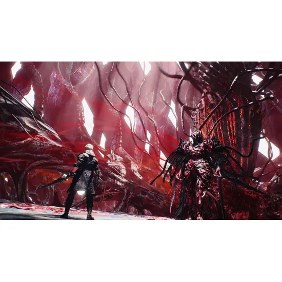 A Nintendo Switch 2 game case featuring Nero with his glowing robotic arm, Dante holding a massive sword, V holding a cane, and Vergil in the background amidst a ruined city street under a blood red sky