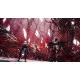 A Nintendo Switch 2 game case featuring Nero with his glowing robotic arm, Dante holding a massive sword, V holding a cane, and Vergil in the background amidst a ruined city street under a blood red sky