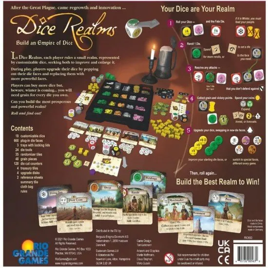 Dice Realms board game box featuring customisable dice and realm building artwork by Tom Lehmann