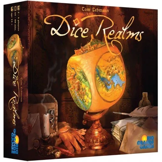 Dice Realms board game box featuring customisable dice and realm building artwork by Tom Lehmann