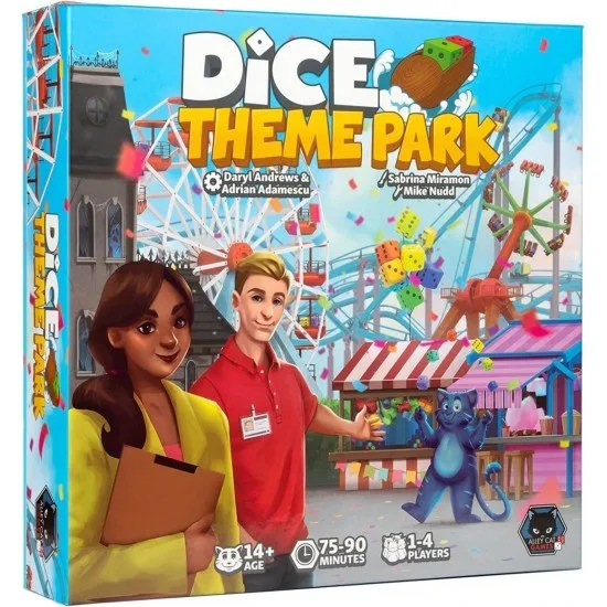 Dice Theme Park game cover showing a colourful board filled with hexagonal ride tiles and various coloured customer dice