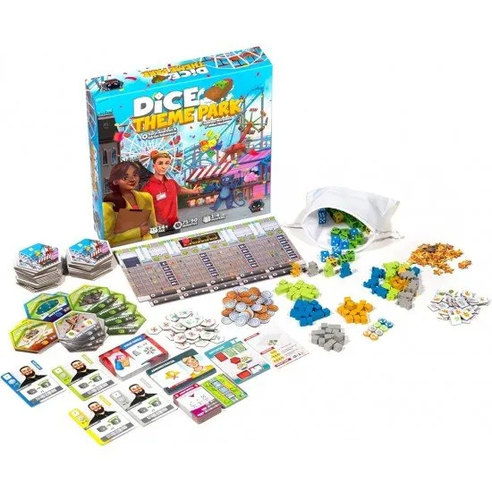 Dice Theme Park game cover showing a colourful board filled with hexagonal ride tiles and various coloured customer dice