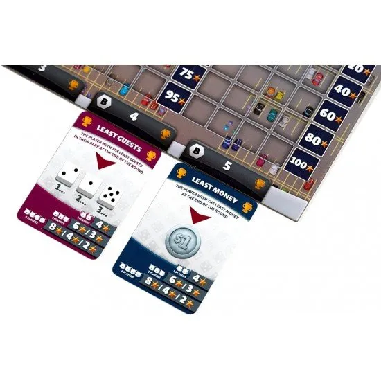 Dice Theme Park game cover showing a colourful board filled with hexagonal ride tiles and various coloured customer dice