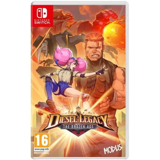 The box art for Diesel Legacy: The Brazen Age on Nintendo Switch, showing multiple hand-drawn characters in a futuristic, dieselpunk-inspired city.