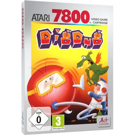 Dig Dug Atari 7800 Classic Arcade Dig Dug Atari 7800 game box art showing the character Dig Dug with his air pump next to a Pooka and a Fygar in tunnels