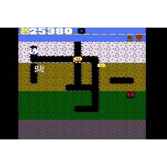 Dig Dug Atari 7800 Classic Arcade Dig Dug Atari 7800 game box art showing the character Dig Dug with his air pump next to a Pooka and a Fygar in tunnels