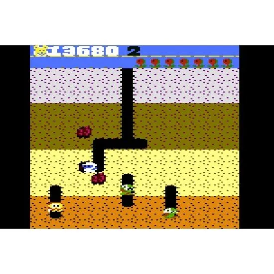 Dig Dug Atari 7800 Classic Arcade Dig Dug Atari 7800 game box art showing the character Dig Dug with his air pump next to a Pooka and a Fygar in tunnels