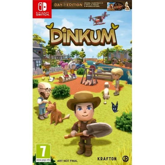 Dinkum Day-1 Edition Nintendo Switch game cover art showing a character in the Australian outback setting with farm animals and a town in the background