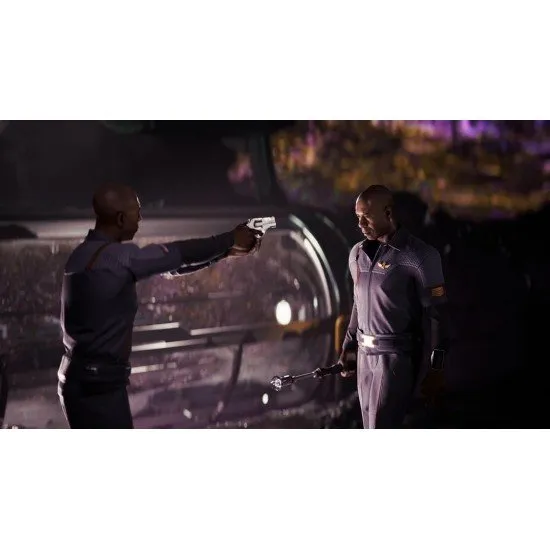 An astronaut in a high-tech suit standing in a dark, metallic corridor with a flickering emergency light